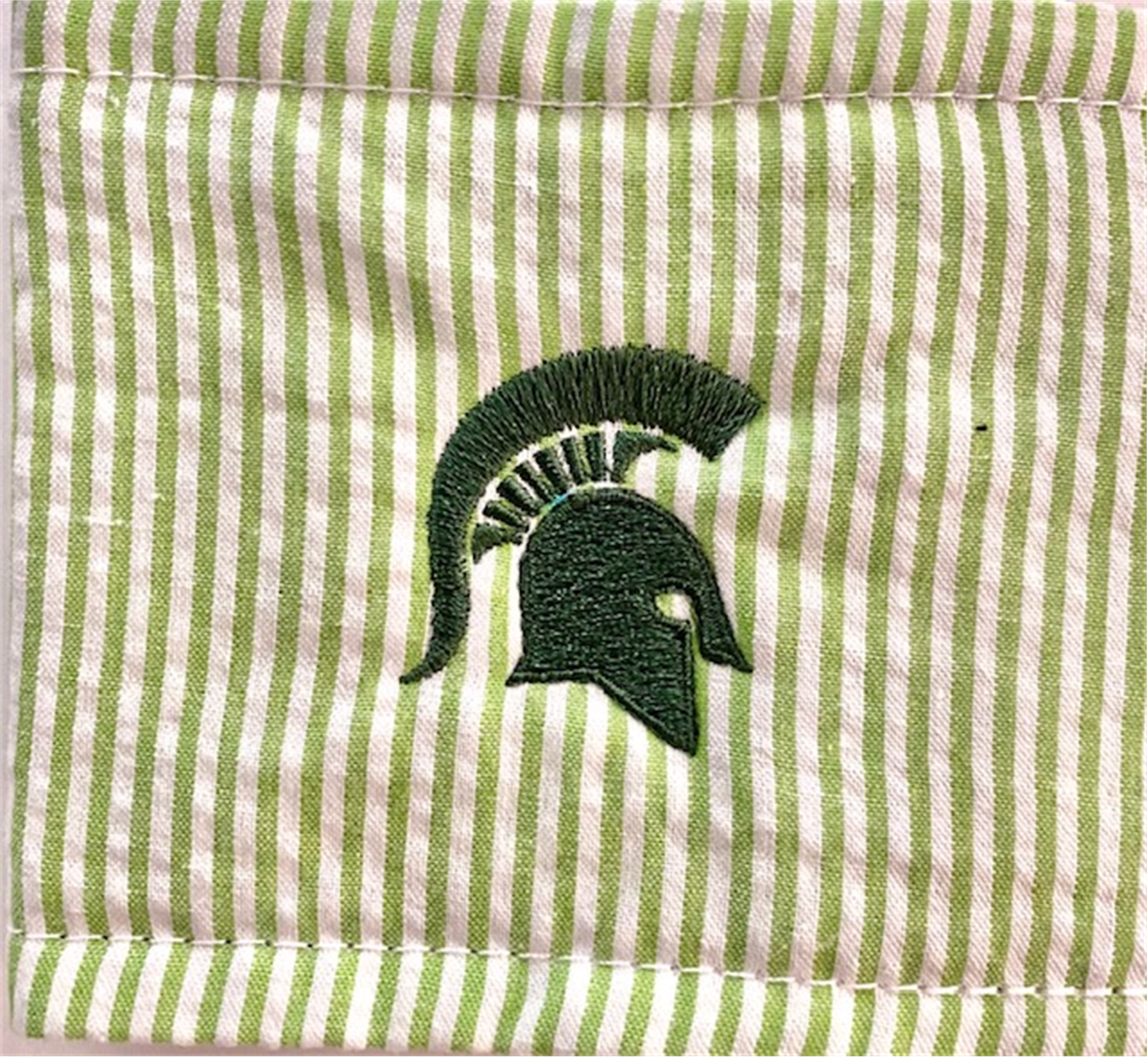 Seersucker Striped Coozie with Green Spartan Head